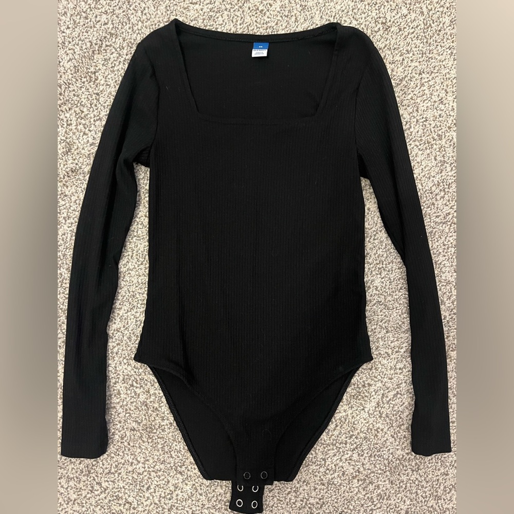 Ribbed Black Square Neck Bodysuit